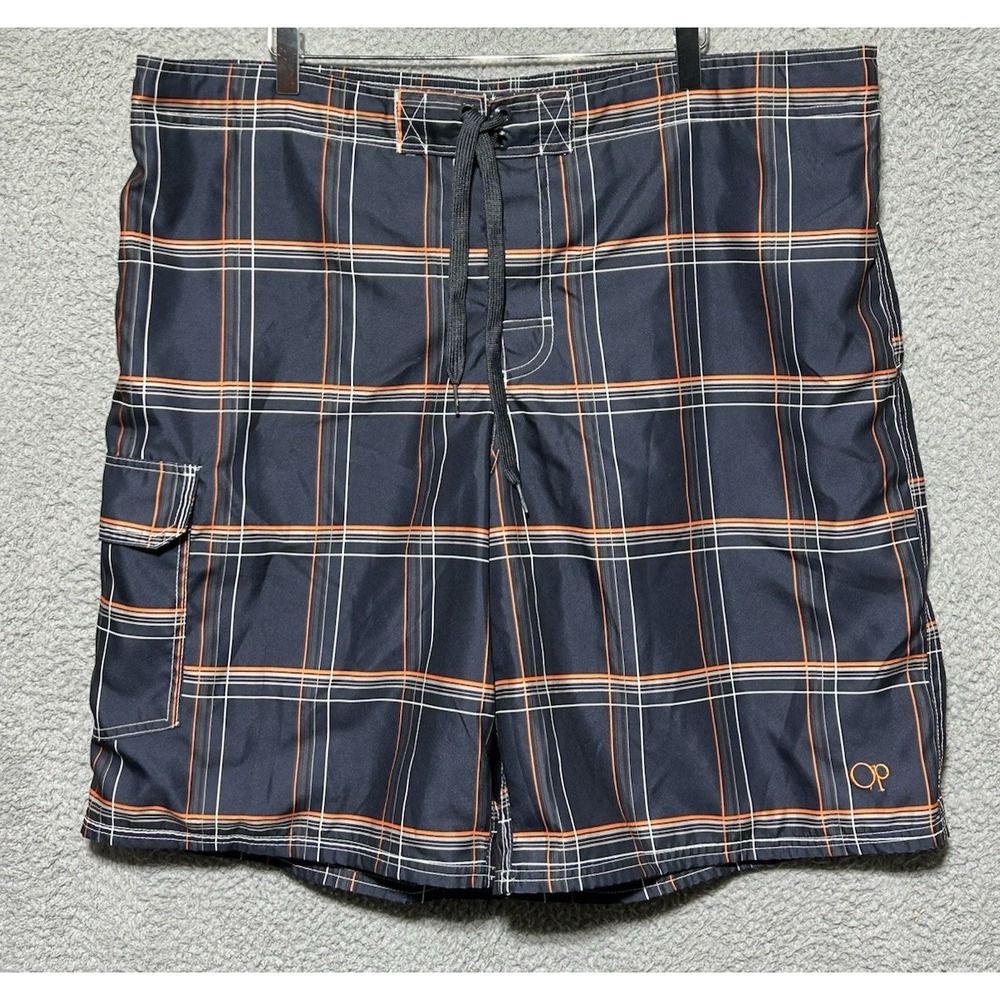 OP Board Shorts Swim Trunk Size XL 40 Black Plaid Drawstring Cargo Ocean Pacific